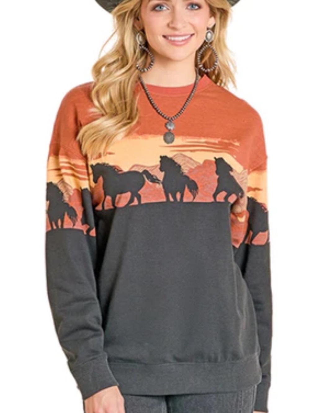 Rock and roll denim western horse border long sleeve sweatshirt NWT